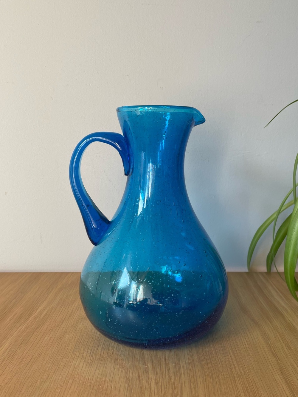 Vintage Midcentury Blue Handblown Art Glass Pitcher Vase